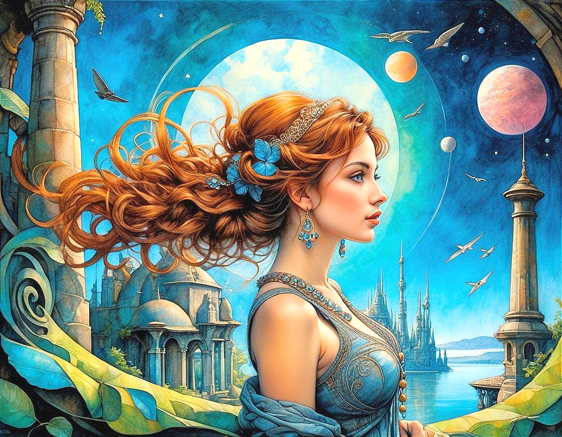 Woman with Auburn Hair in Cosmic Fantasy Setting
