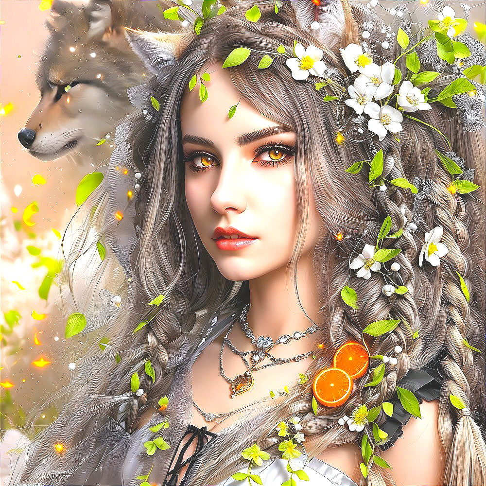 Young woman with braided hair and fox in nature scene