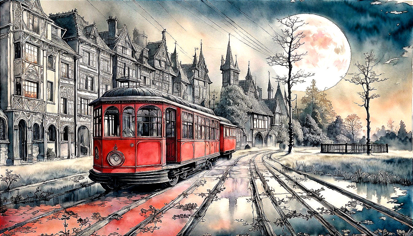 Red Streetcar on Winding Track Amid Victorian Buildings