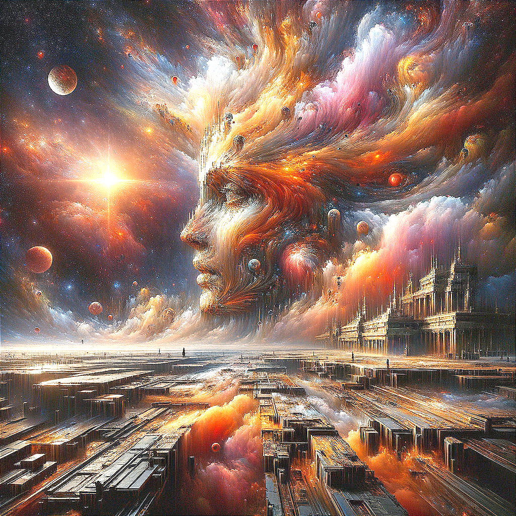 Surreal Landscape with Celestial Elements and Structures