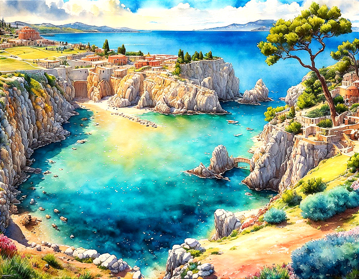 Vibrant Coastal Scene with Bay and Rocky Cliffs