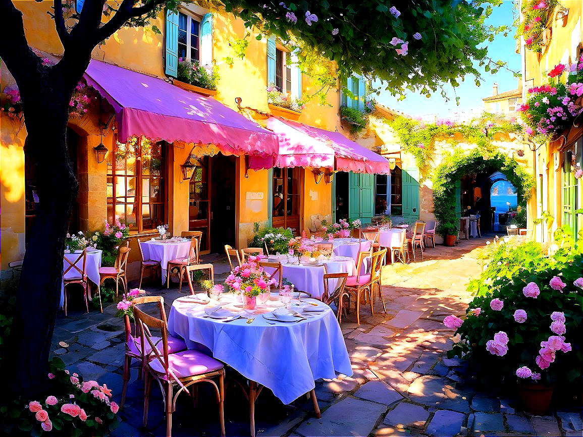 Charming Outdoor Café with Floral Decor and Sunlit Pathway