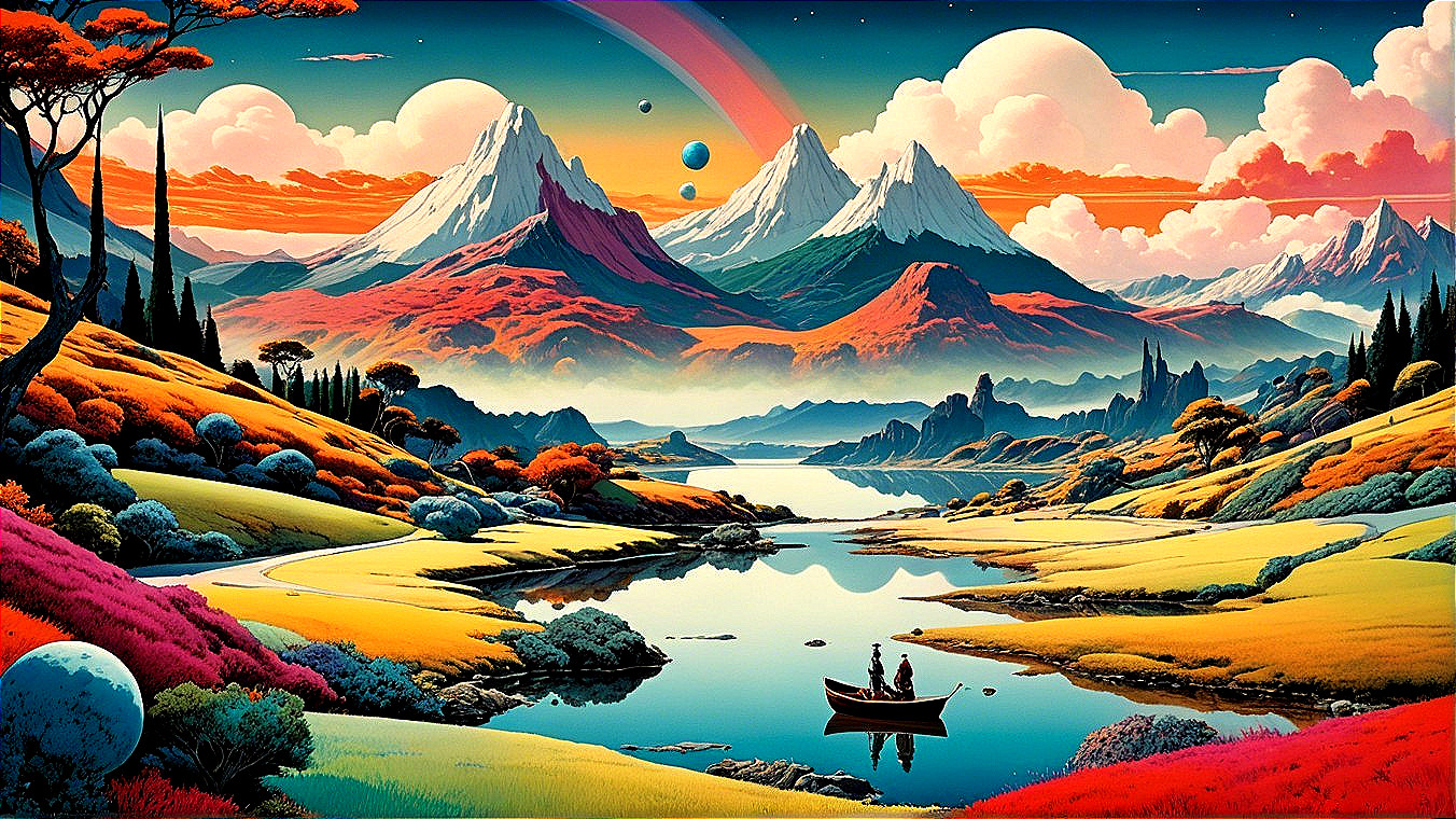 Surreal Landscape with Majestic Mountains and Lake