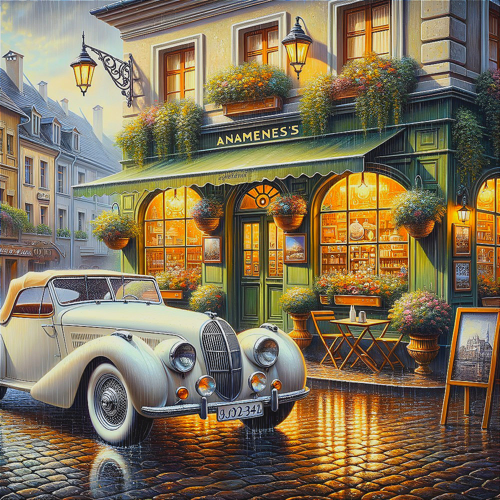 Charming Street Scene with Classic Convertible and Café