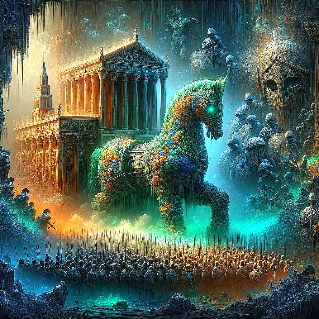 Trojan Horse Surrounded by Ghostly Warriors and Lights