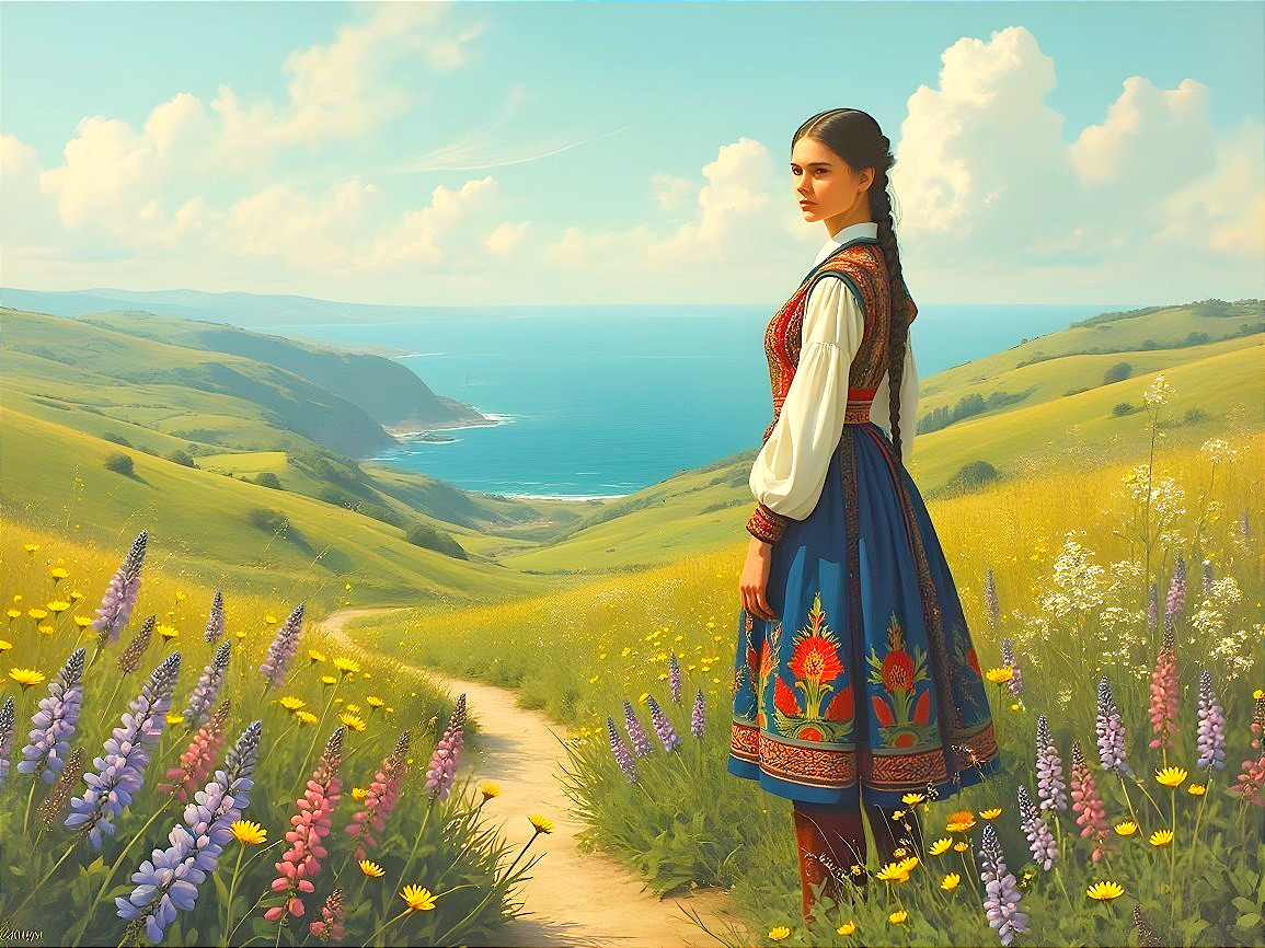 Young woman in meadow with colorful dress and flowers