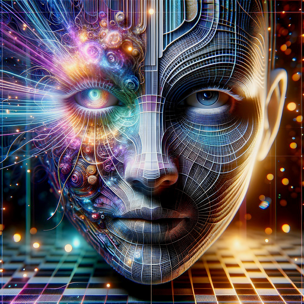 Stylized humanoid face with organic and mechanical features