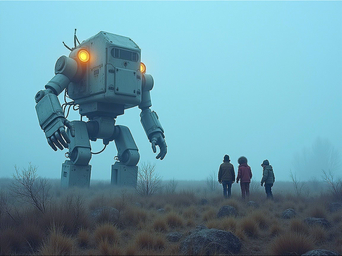 Foggy Landscape with Children and Retro-Futuristic Robot