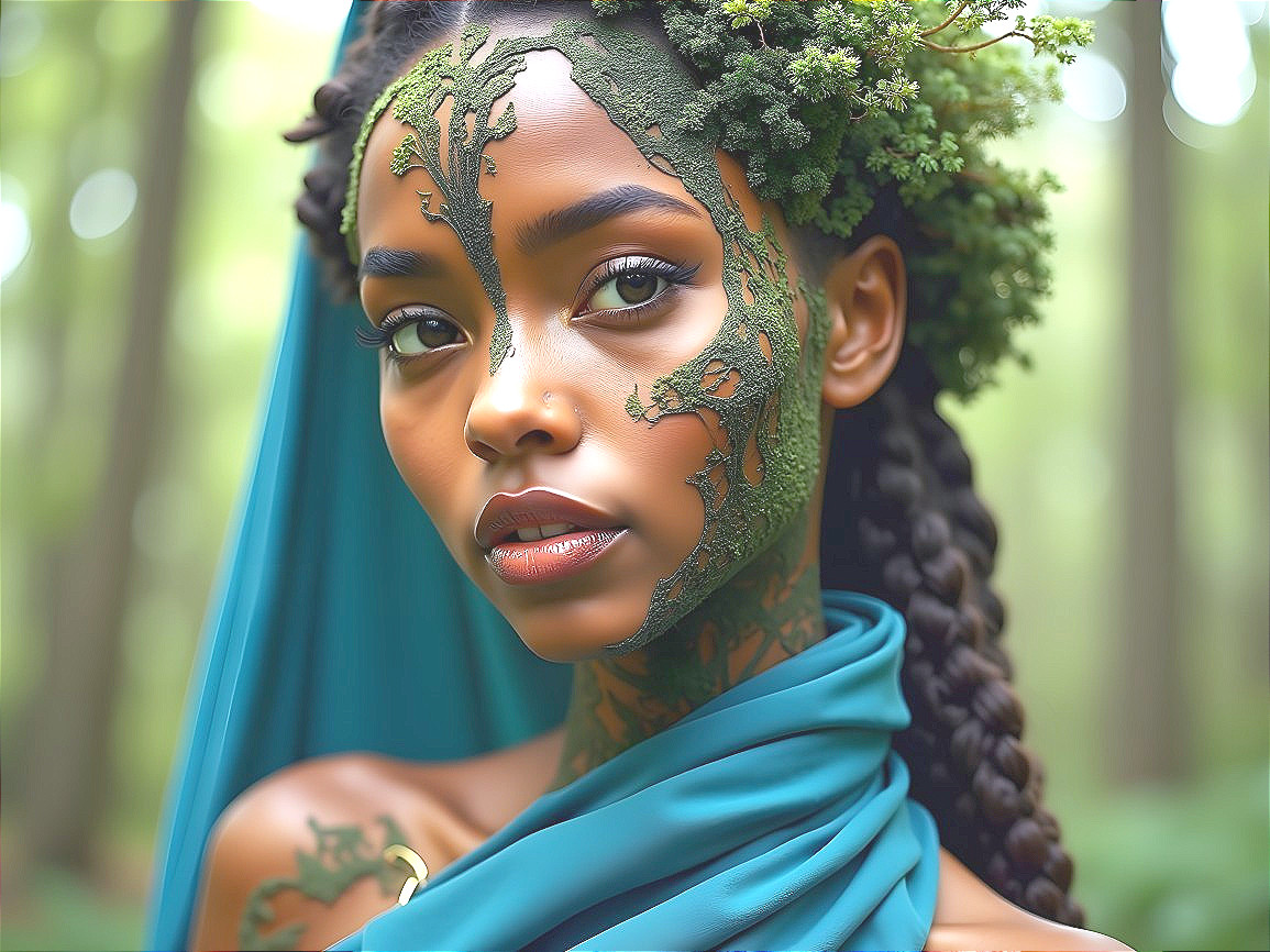 Portrait of Young Woman with Green Face Paint in Forest