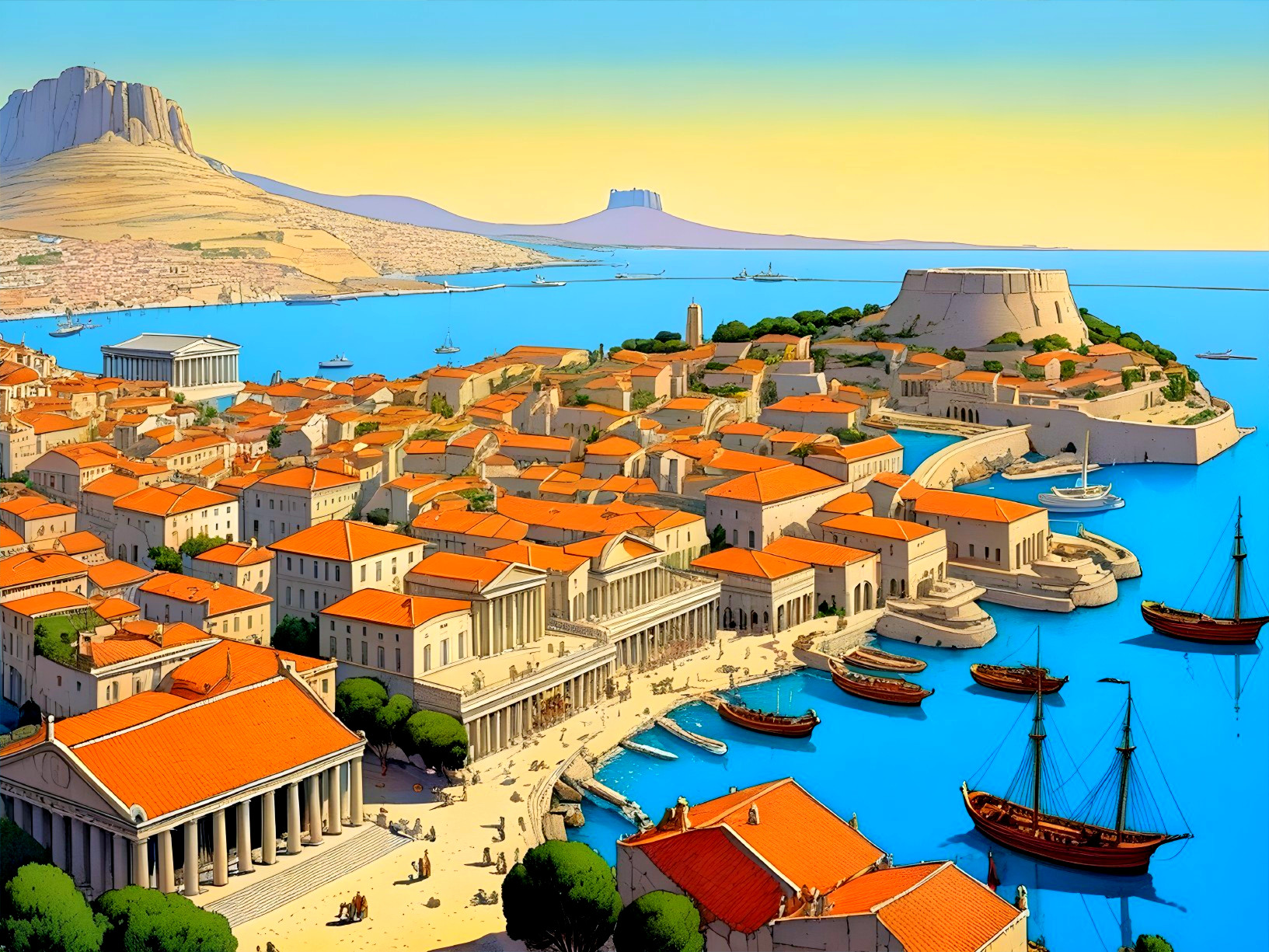 Coastal City with White Buildings and Orange Rooftops