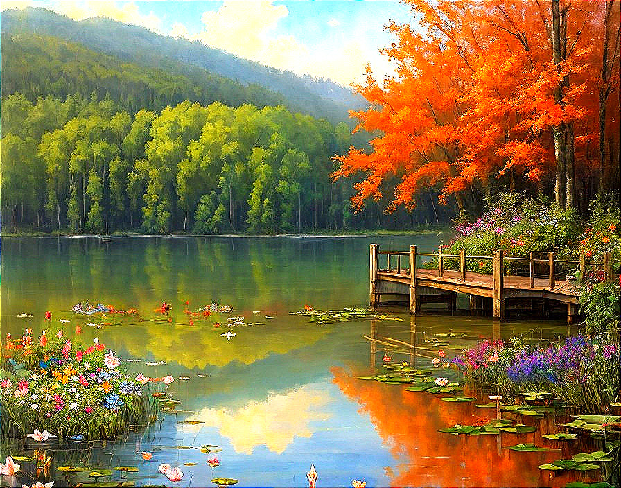 Tranquil Lake with Dock and Autumn Foliage