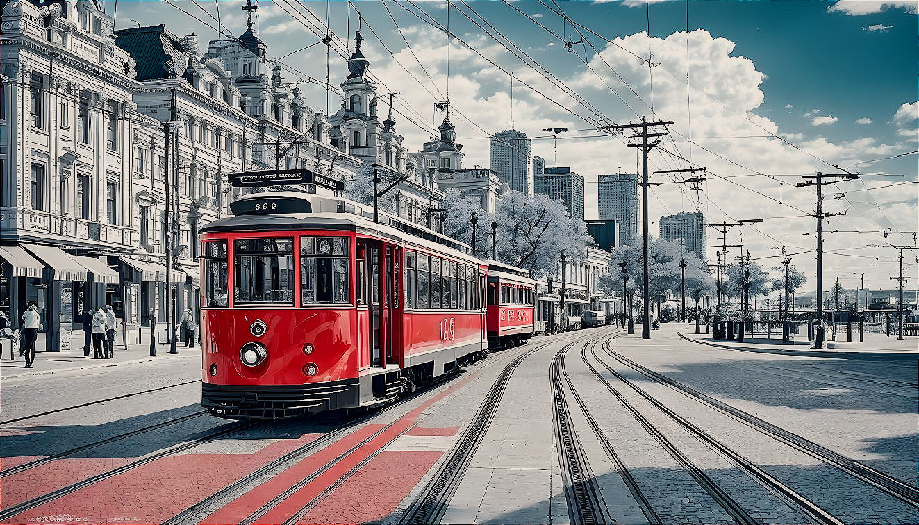 Red Tram in Historic Cityscape with Cloudy Skies