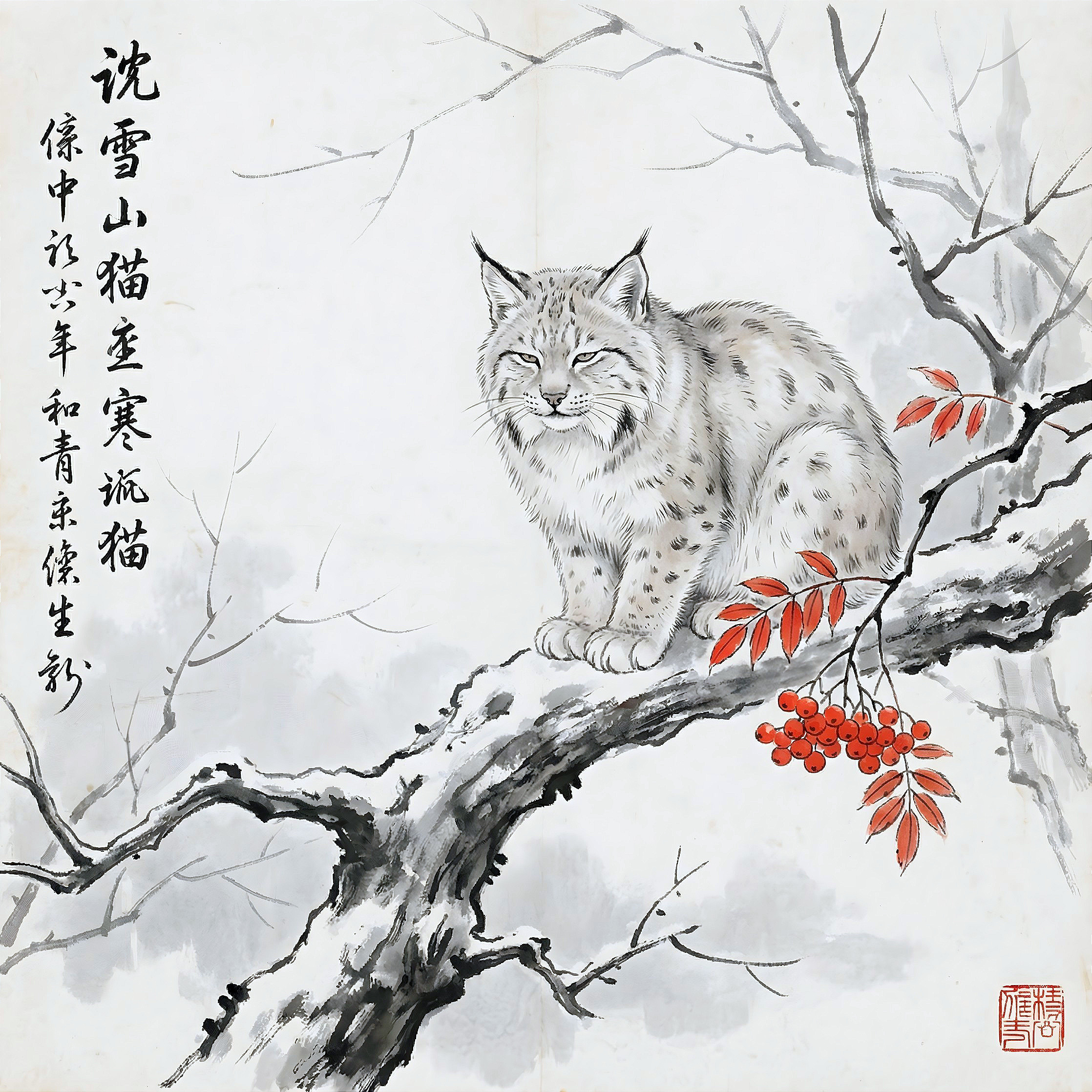 Ink Wash Painting of Snow Lynx on Snowy Branch