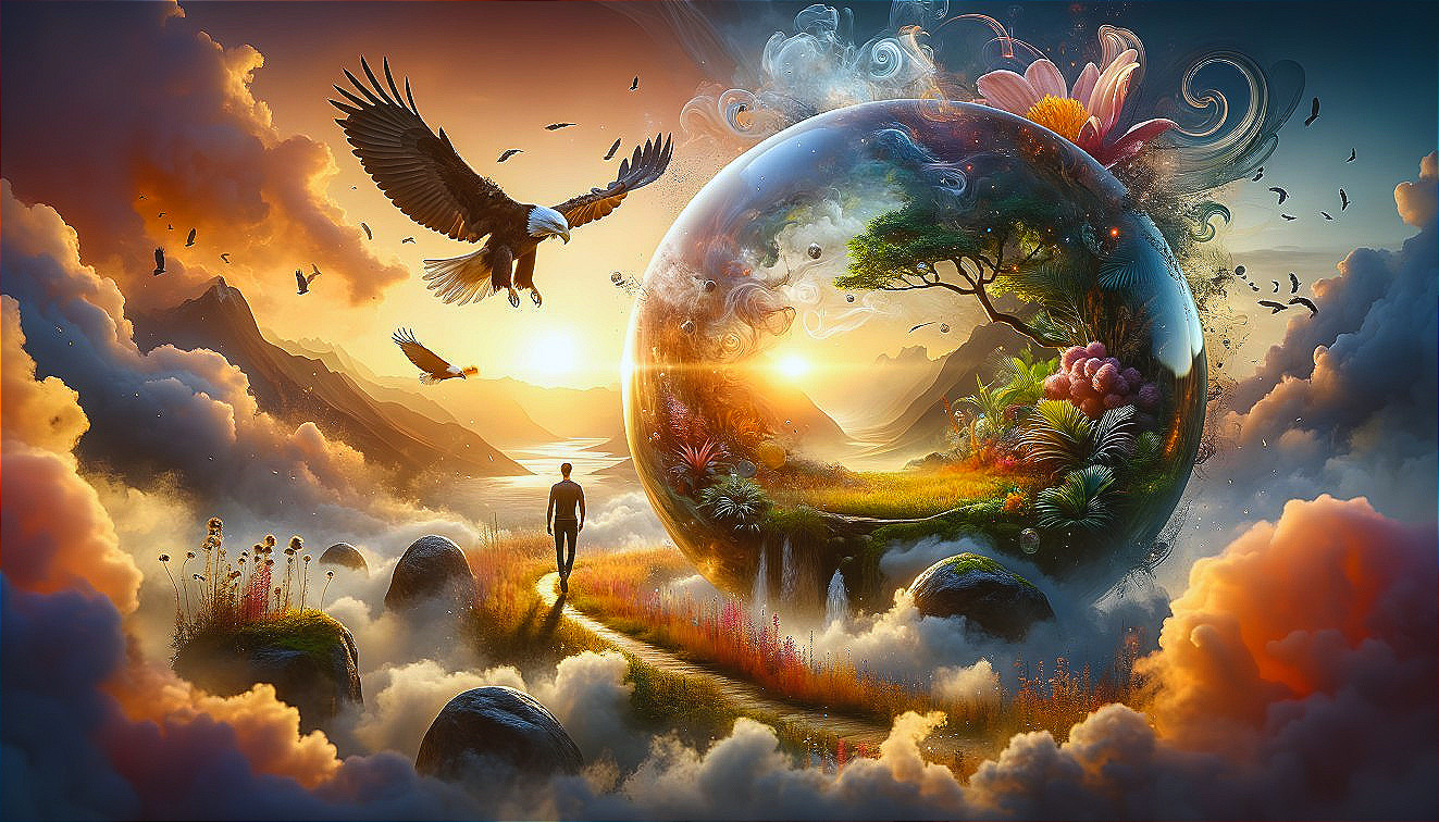 Person on rocky path to floating globe with eagle in surreal landscape
