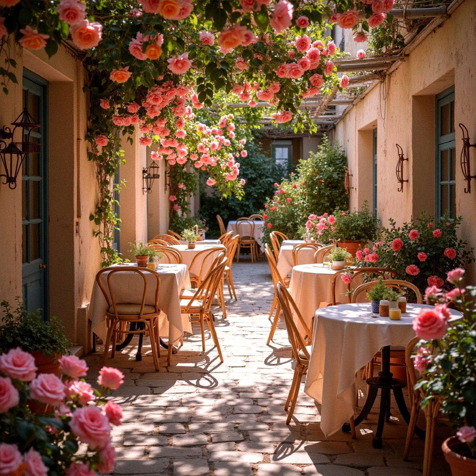 Charming Outdoor Café with Blooming Pink Roses