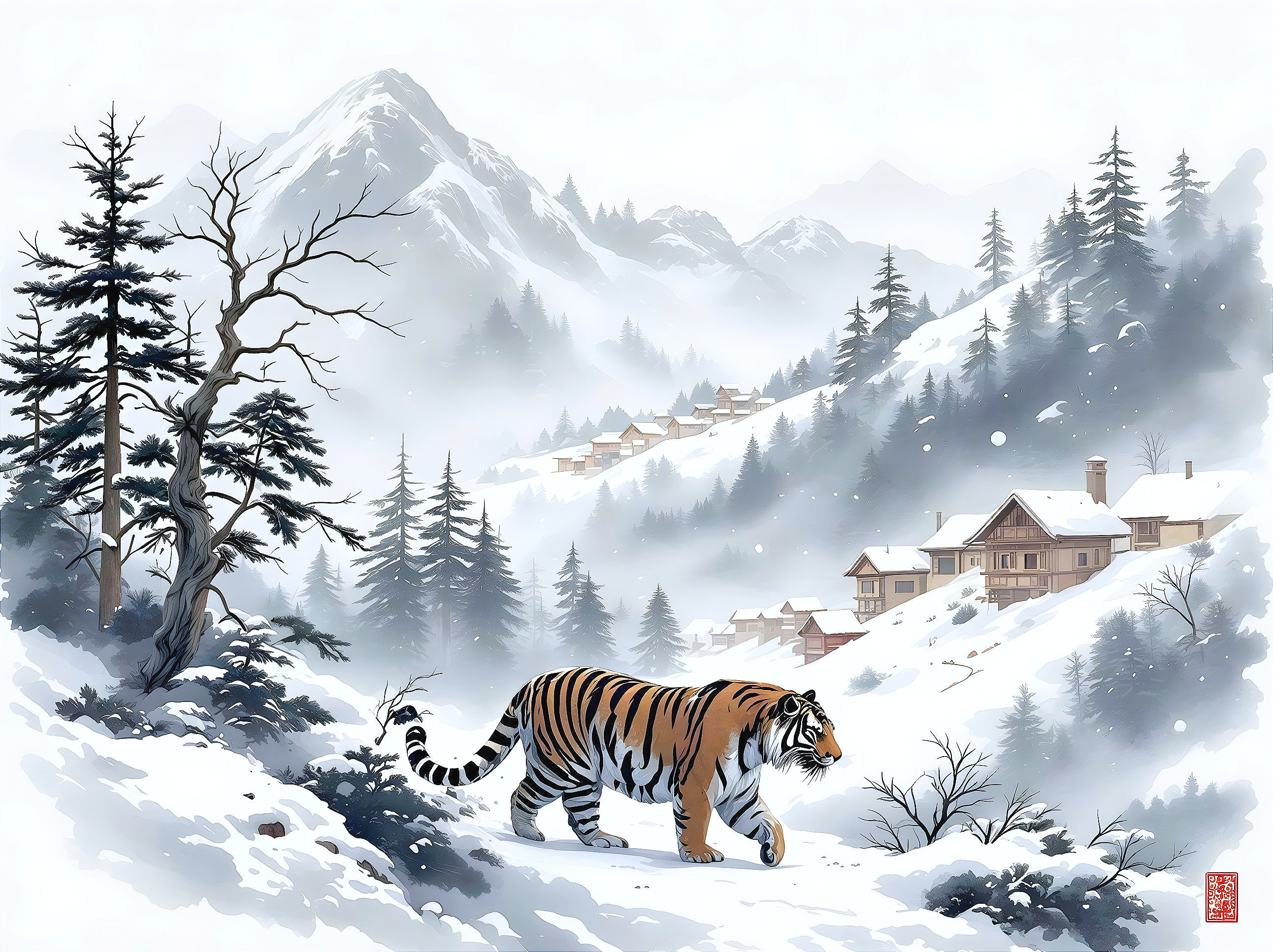 Tiger Walking Through Snowy Mountain Village Scene