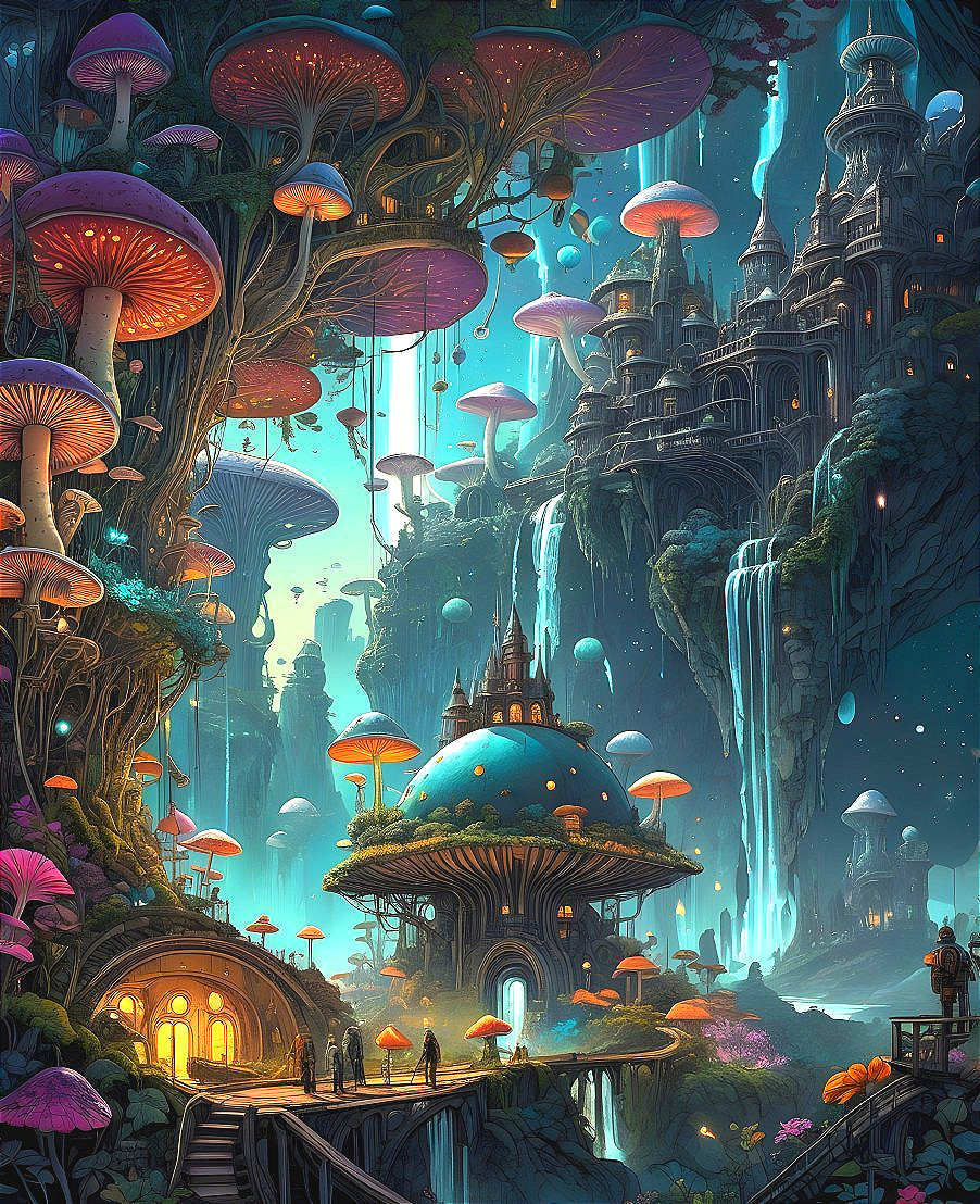 Vibrant Fantasy Landscape with Colorful Mushrooms and Waterfalls