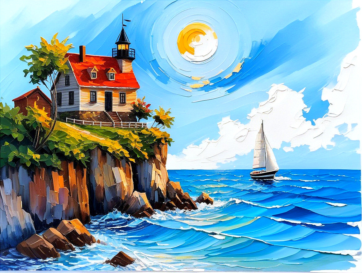 Coastal Scene with House on Rocky Cliff and Ocean