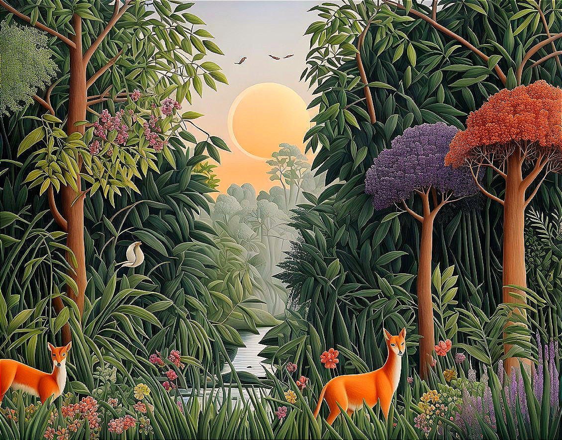 Vibrant forest scene with deer and blooming flowers