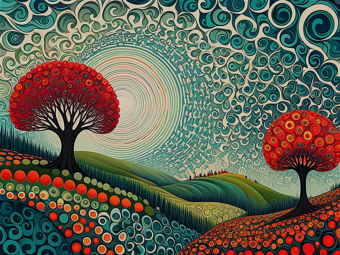 Vibrant landscape with stylized trees and dynamic sky