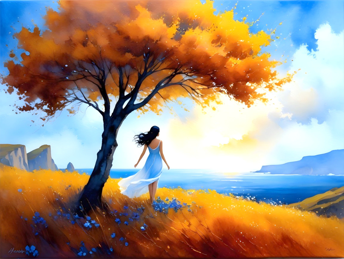 Serene Landscape with Woman in White Dress at Sunset