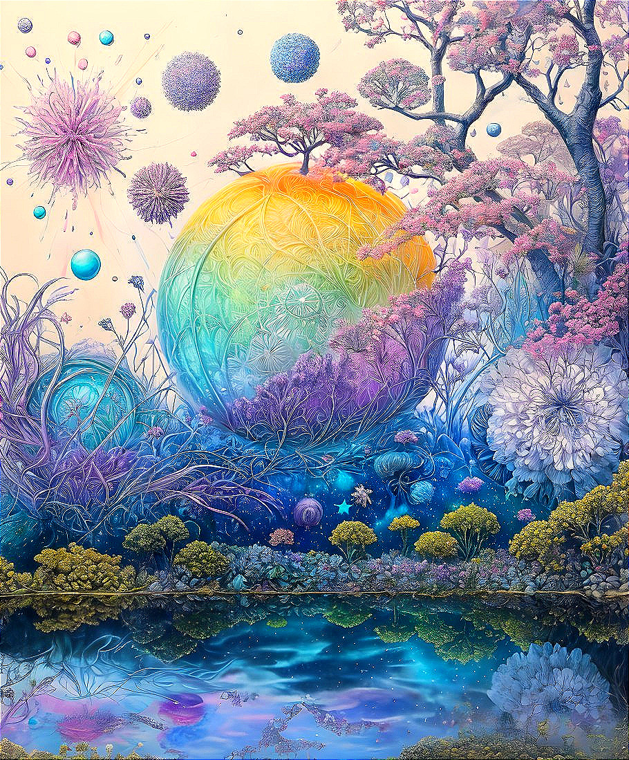 Surreal Landscape with Vibrant Spheres and Floral Patterns