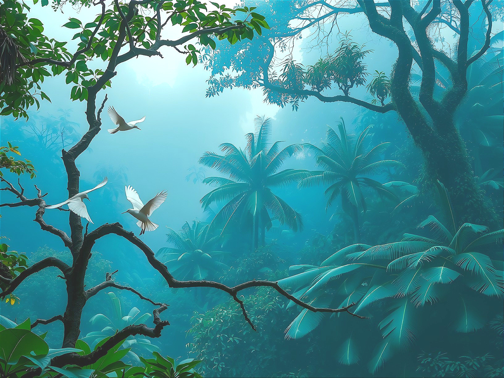 Serene Tropical Landscape with Lush Foliage and Birds