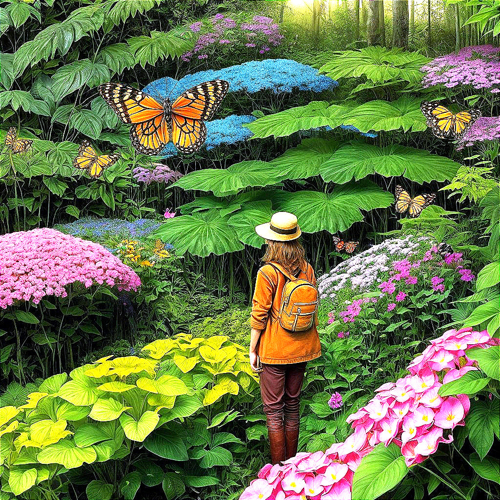 Vibrant Garden with Colorful Flowers and Butterflies