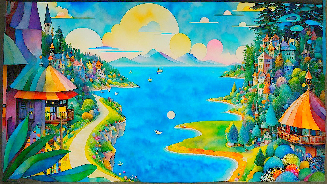Whimsical Landscape with Colorful Houses and Water