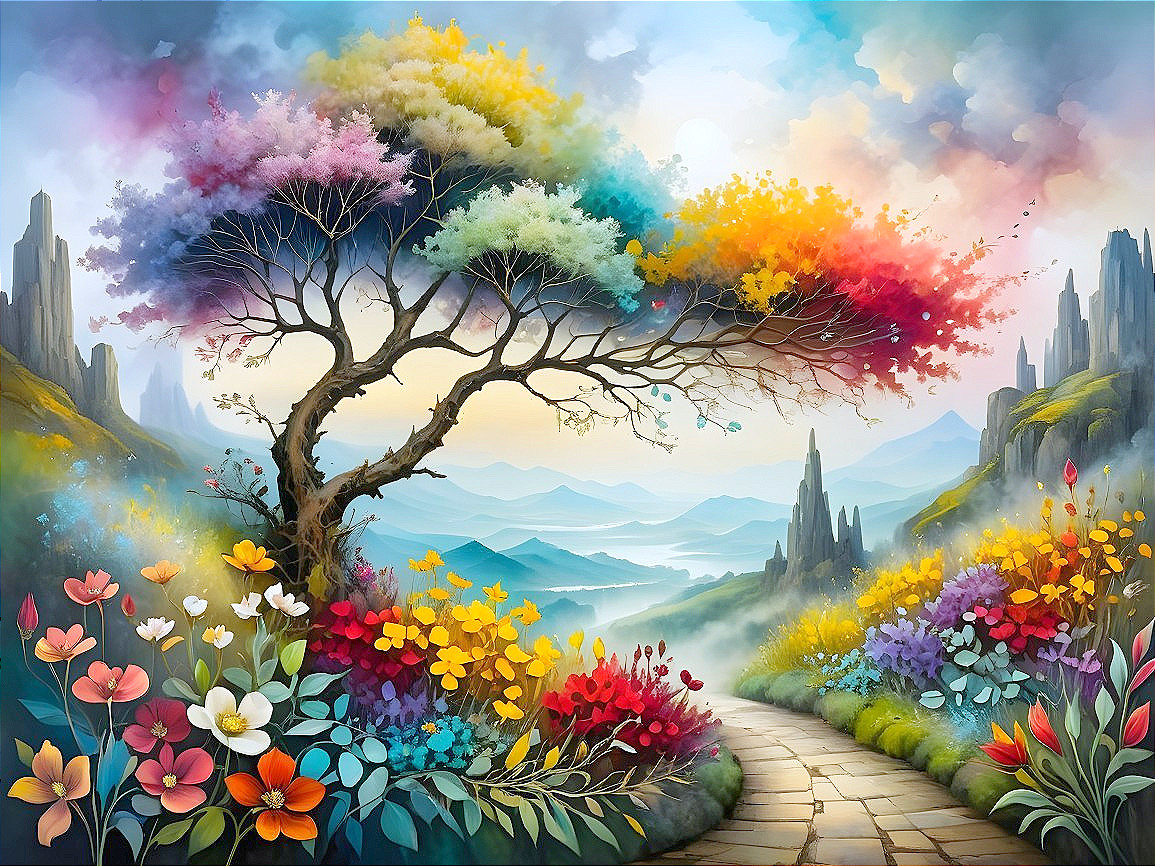 Vibrant landscape with tree, flowers, and mountains