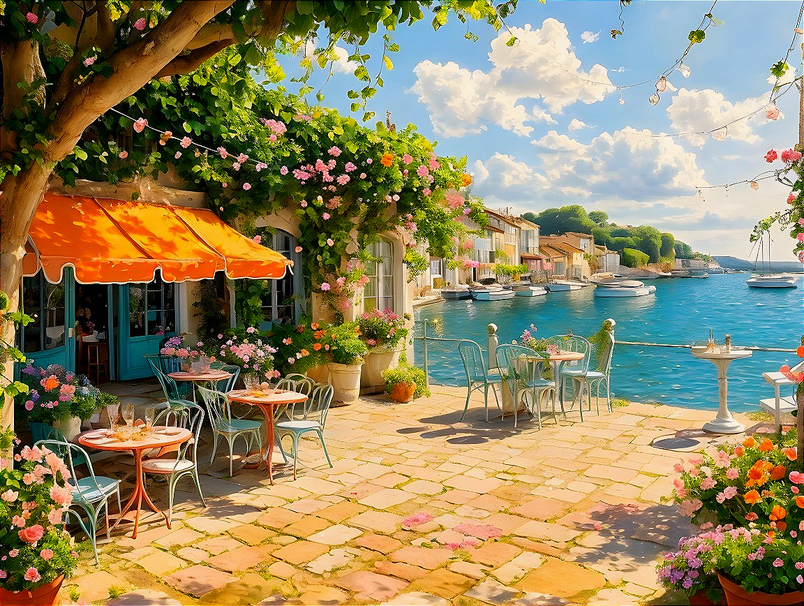 Waterfront Café with Pastel Decor and Scenic Views