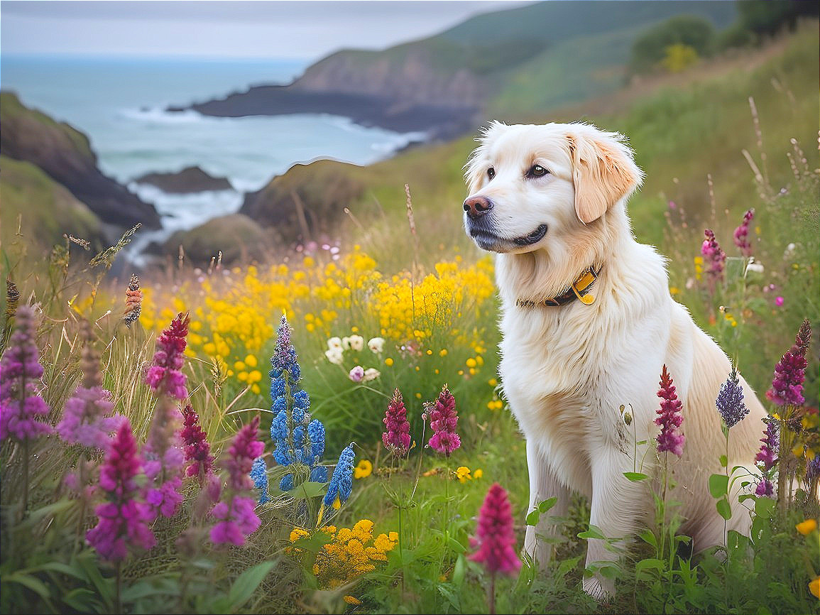 Golden Retriever in Vibrant Wildflower Field