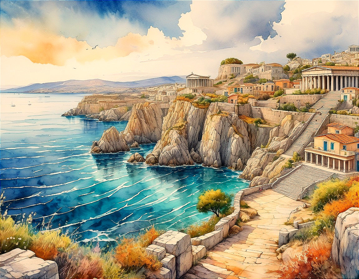 Coastal Landscape with Ancient Ruins and Blue Sea