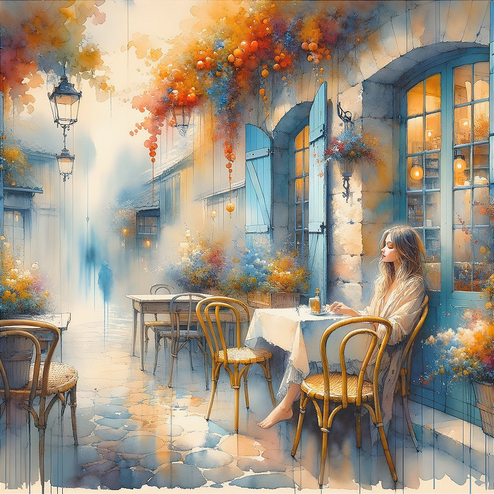 Pastel Outdoor Café Scene with Vintage Decor and Flowers