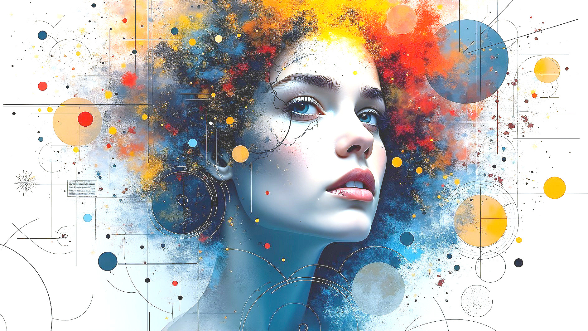 Portrait of a woman with colorful hair and abstract patterns