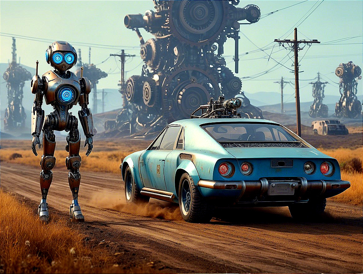 Futuristic Robot and Vintage Car in Advanced Landscape