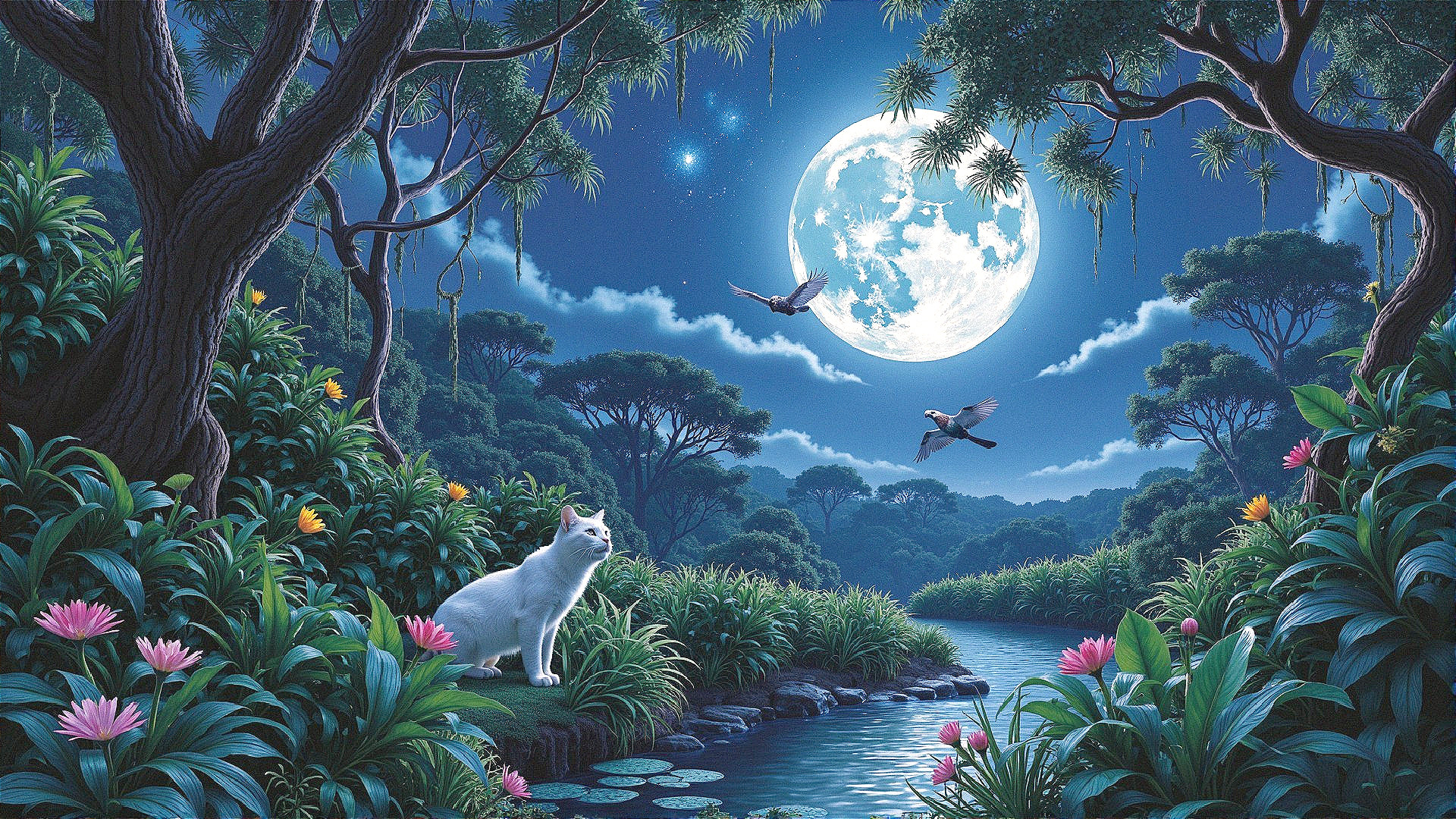 Serene Night Scene with Full Moon and White Cat