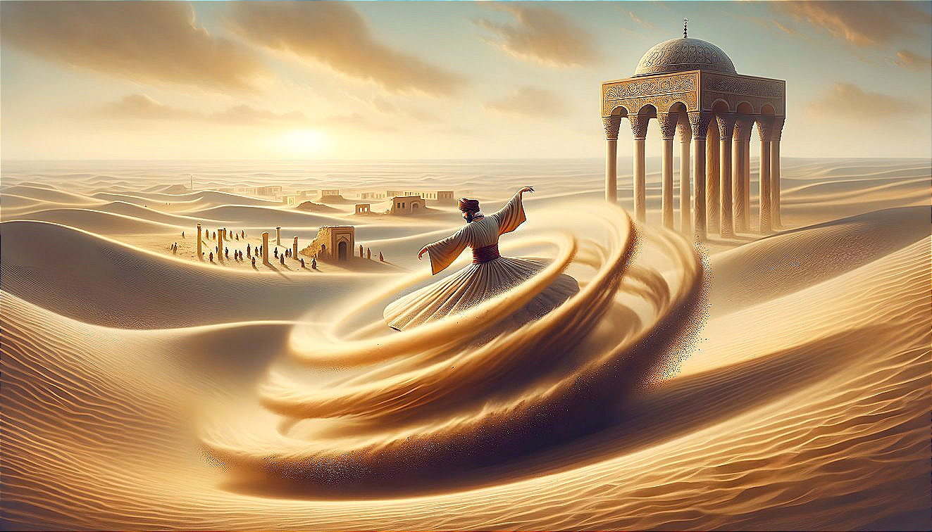 Desert Sunset Dance with Ruins and Golden Light