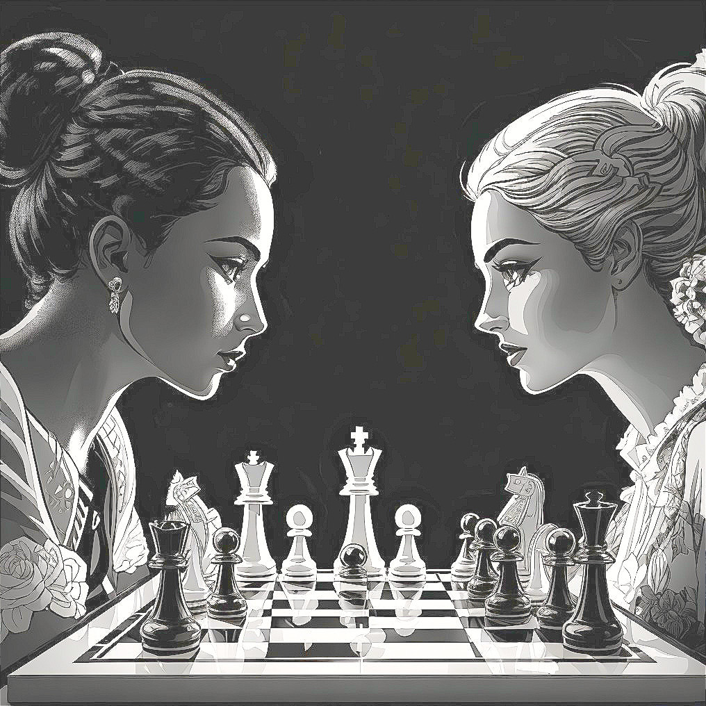 Tense Chess Match Between Two Women with Floral Accents