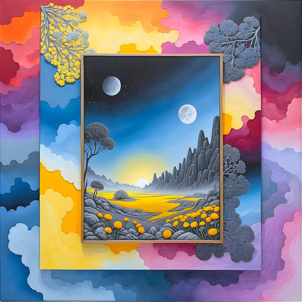 Surreal Landscape with Two Moons and Vibrant Colors