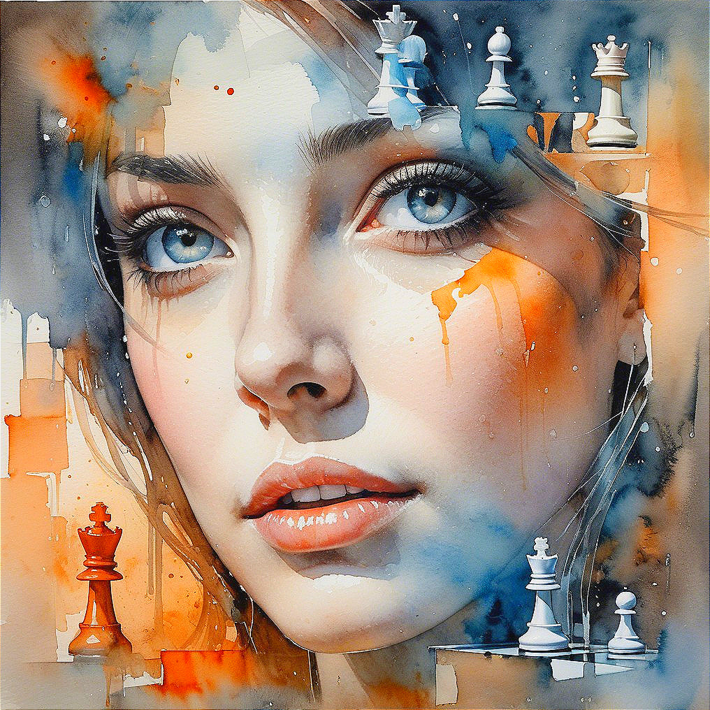 Close-up of a woman's face with blue eyes and chess pieces