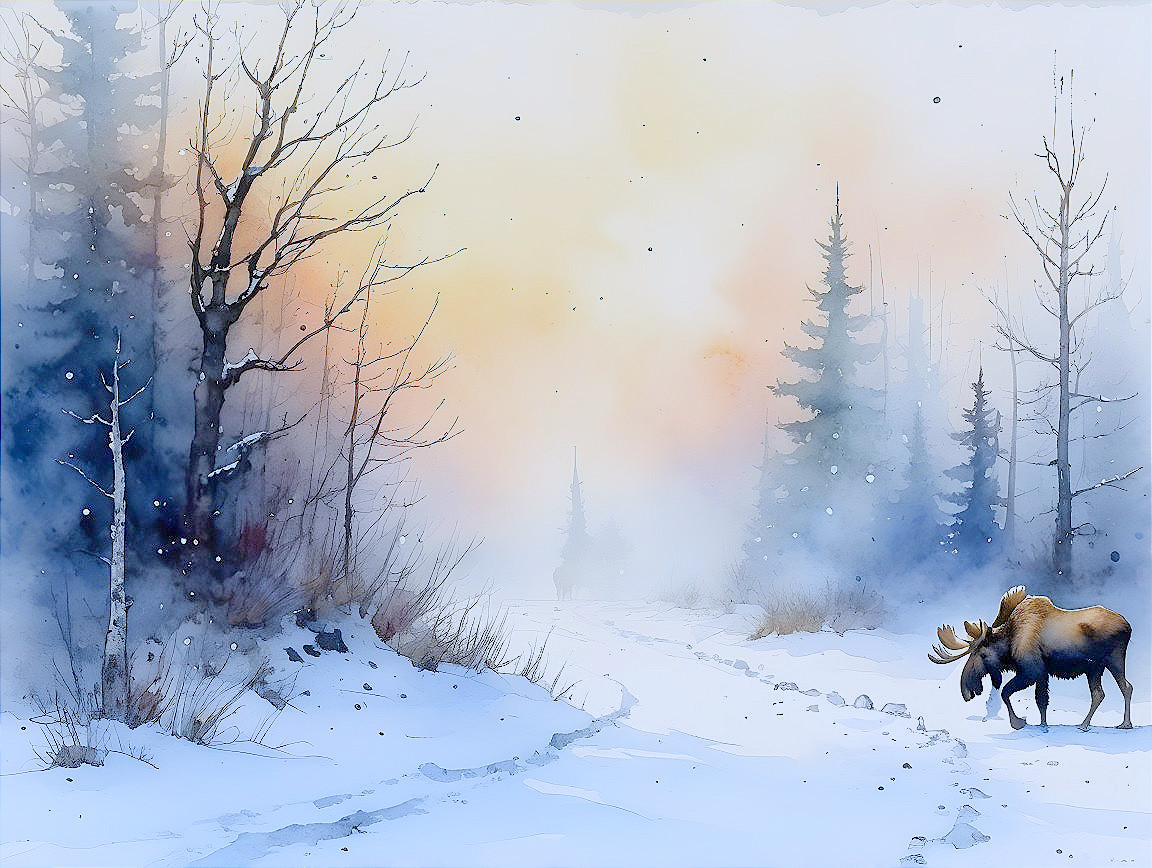 Serene Winter Landscape with Moose and Snowfall