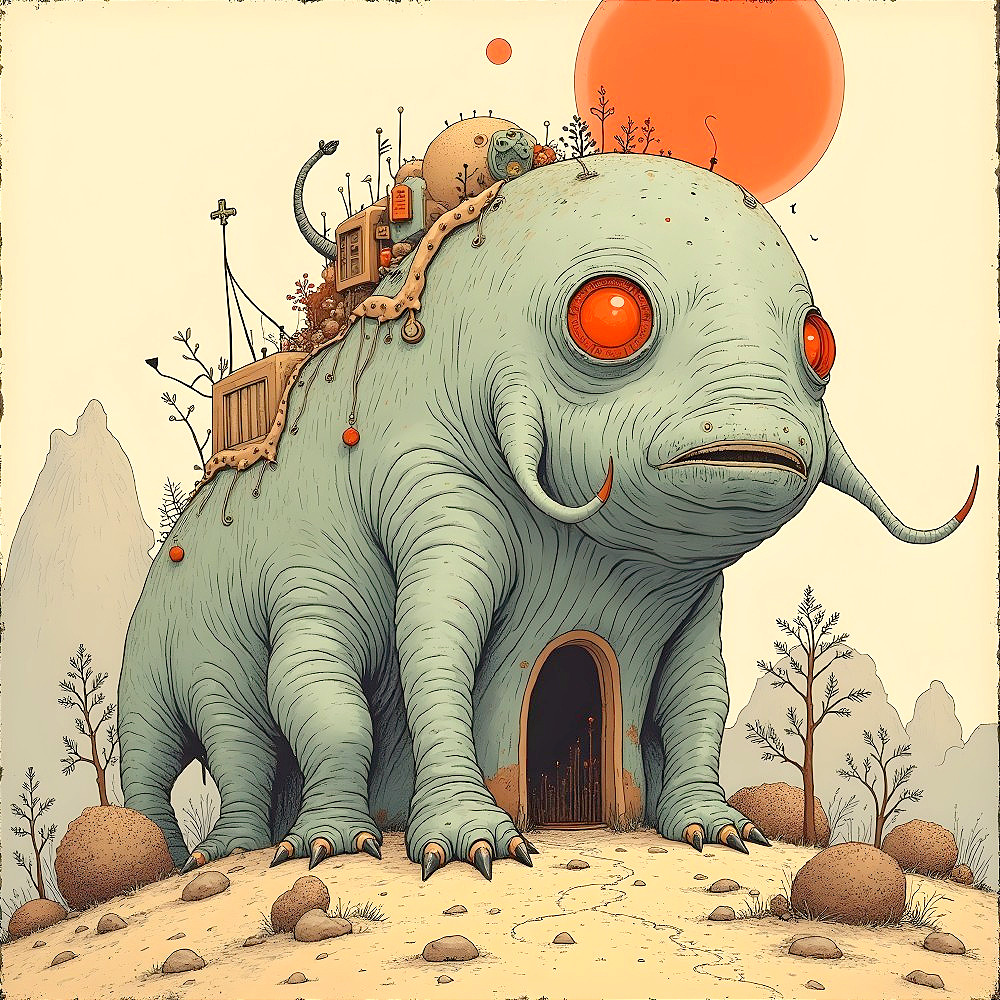 Whimsical Pale Blue Elephant on Rocky Terrain