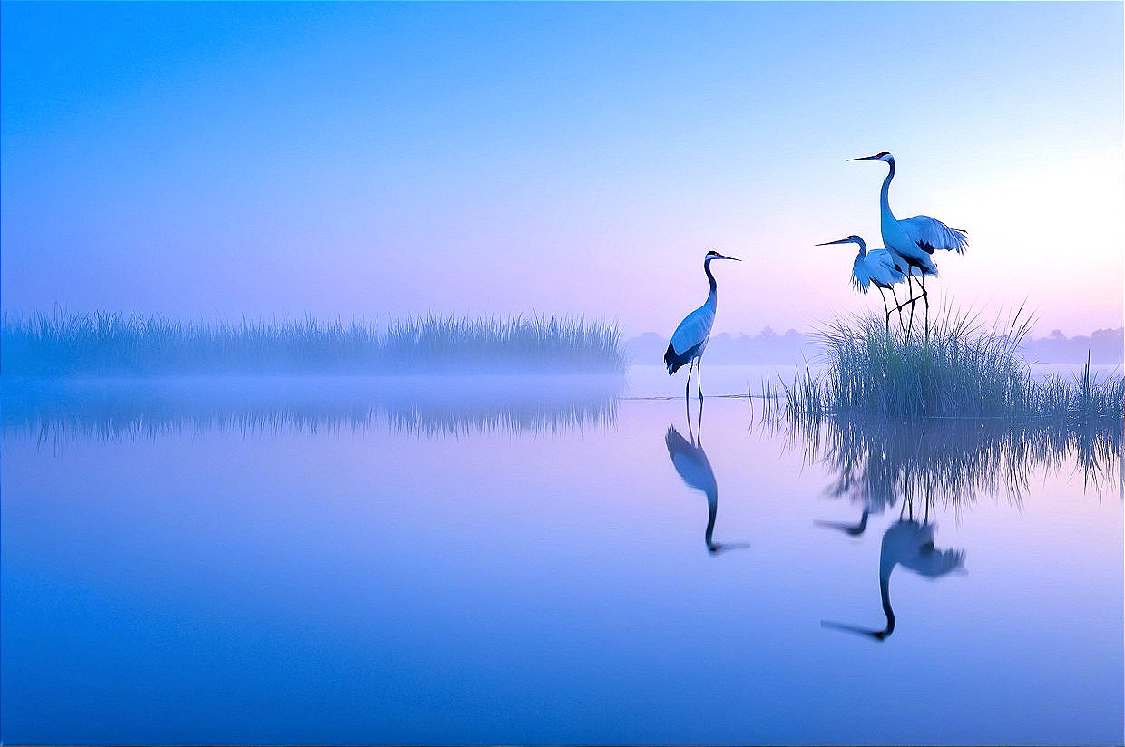 Cranes by a Misty Lake in Pastel Hues