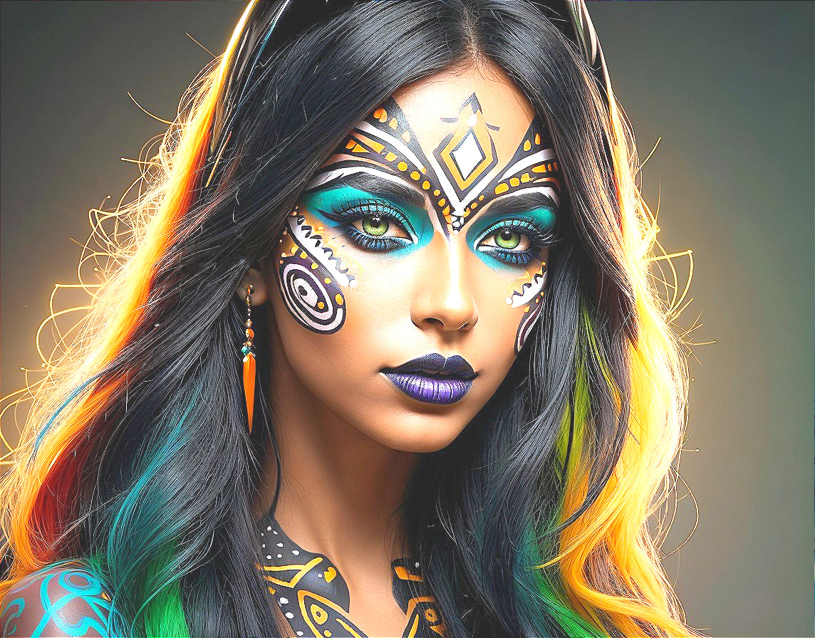 Portrait of a woman with colorful hair and face paint