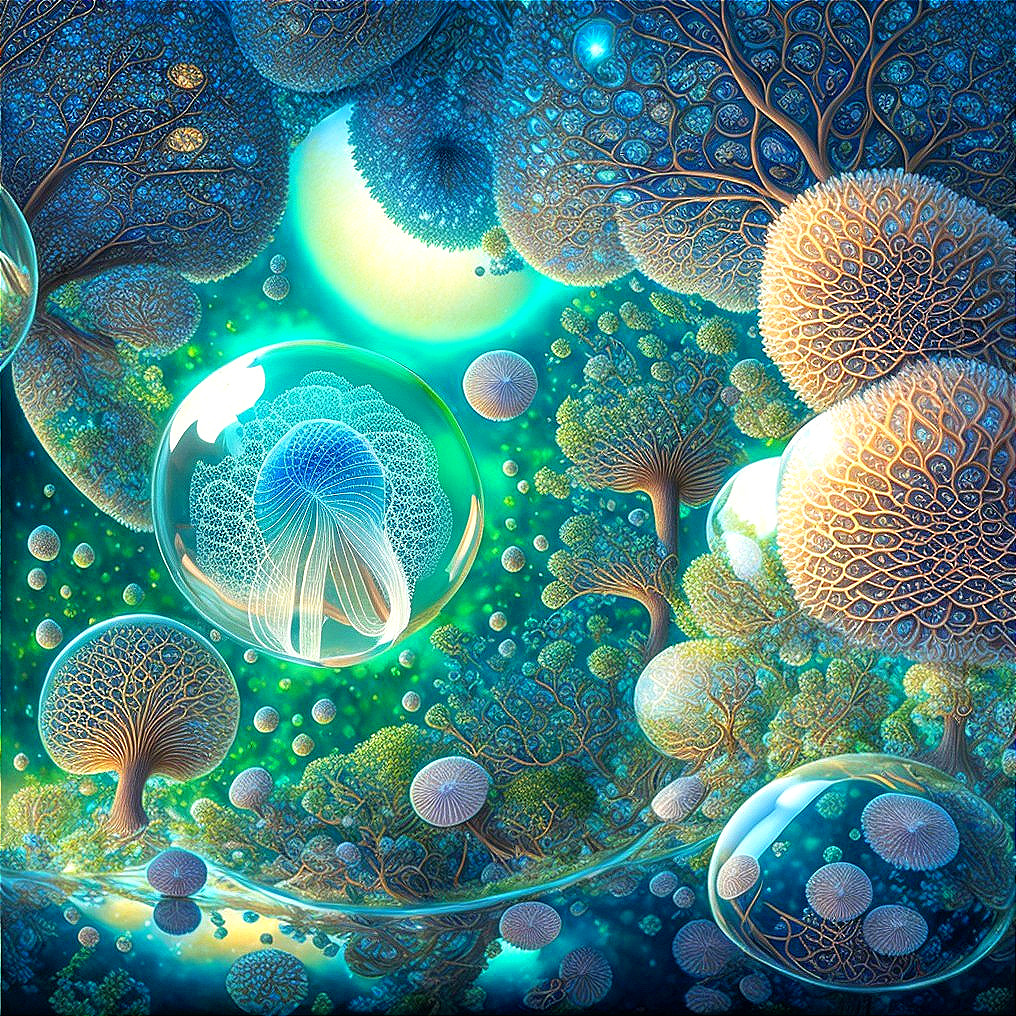 Surreal Underwater Landscape with Glowing Trees