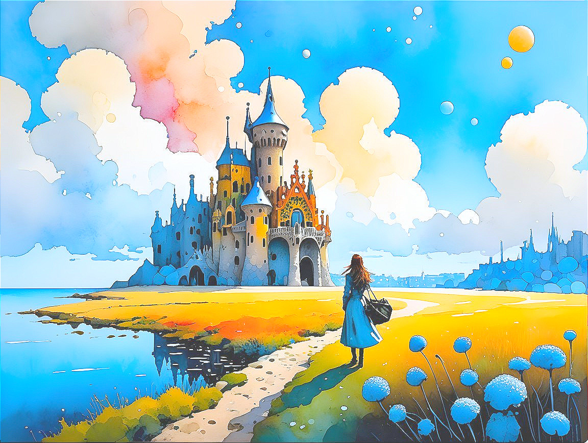 Whimsical Landscape with Colorful Castle and Figure