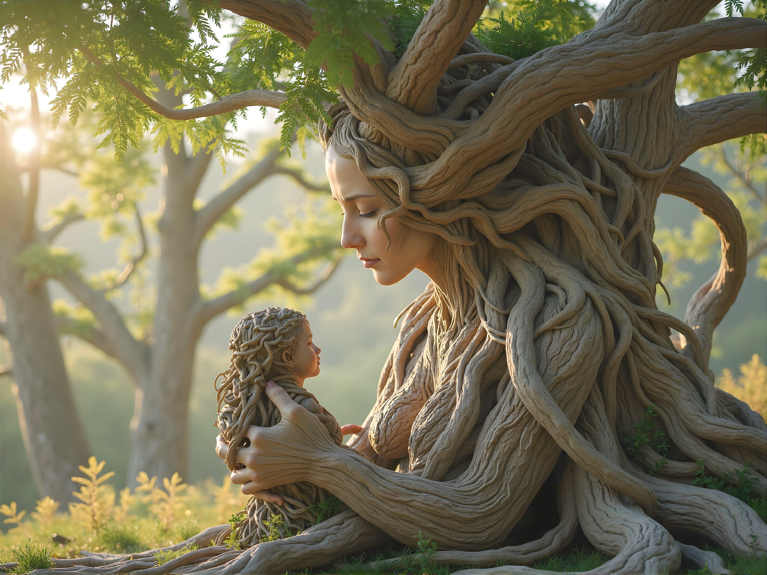 Tree Person Cradling Child in Serene Nature Scene