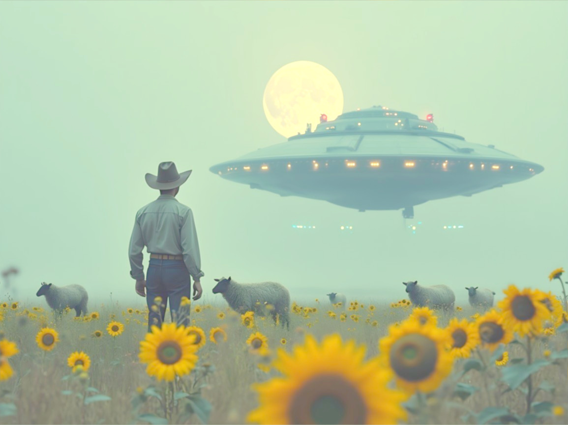 Cowboy in Sunflower Field Under UFO and Moonlight