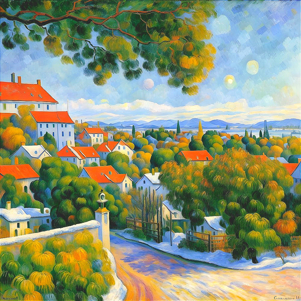 Vibrant Landscape Painting of a Charming Village Scene